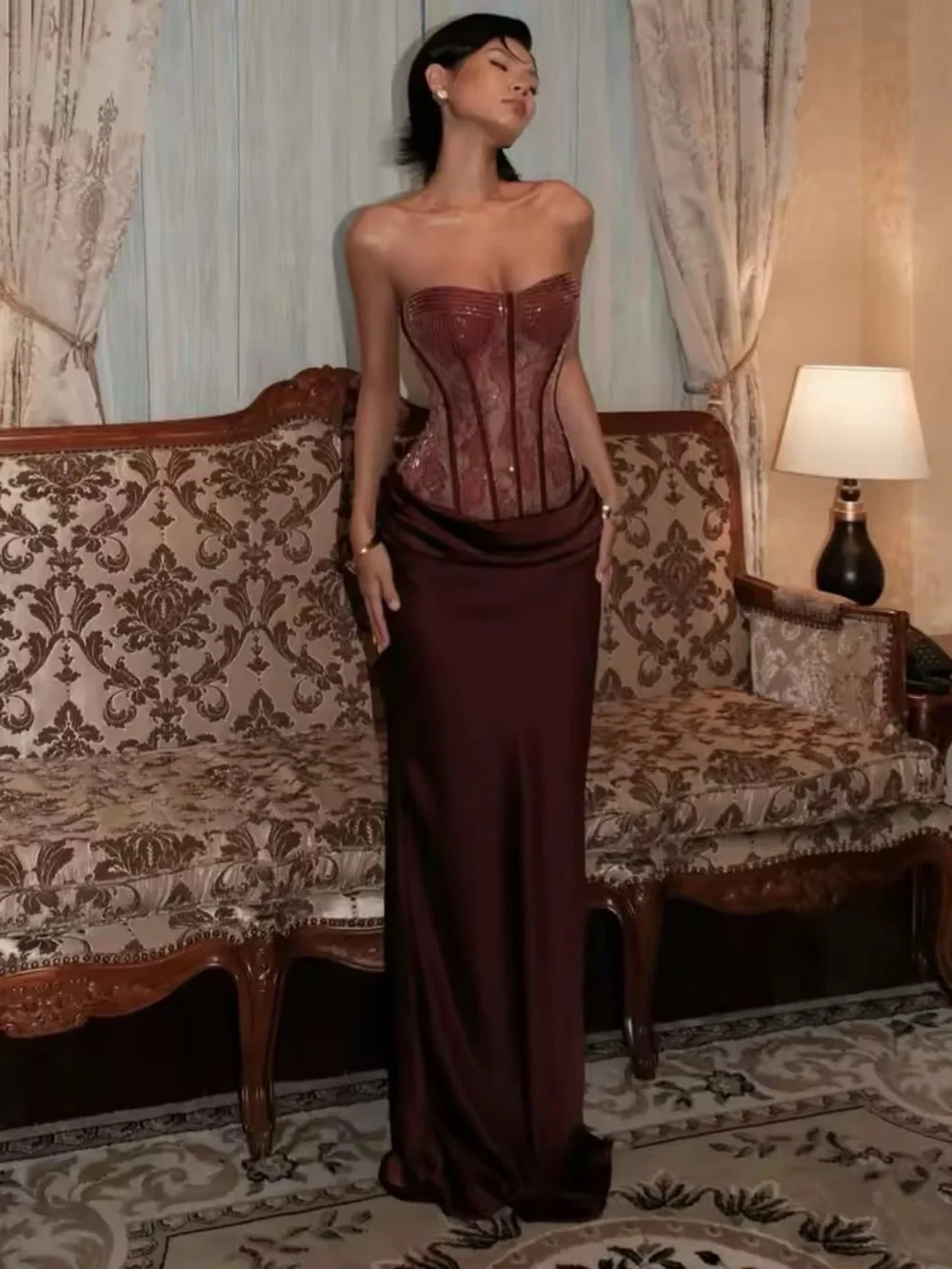 Strapless Brown Satin Gown with Embellished Corset - Picture 1 of 3